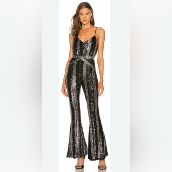 Michael Costello × RE-VOLVE Brie Striped Sequin Jumpsuit Black Silver Size Small - Picture 4 of 6